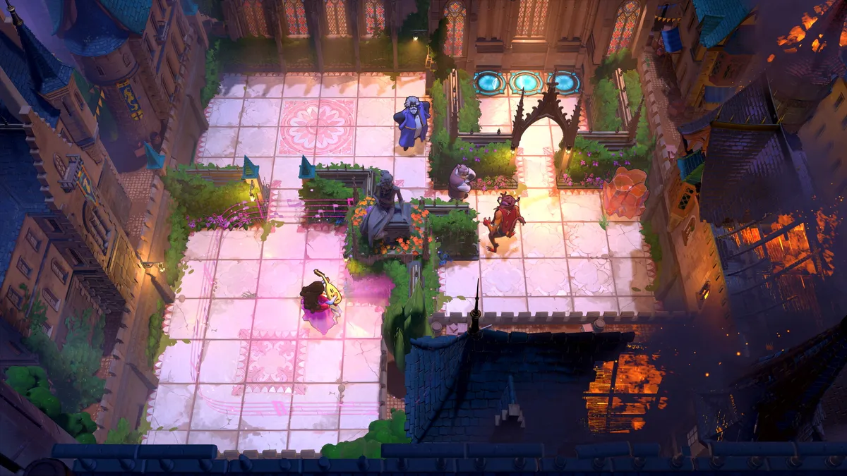 Official screenshot showing characters in a tiled castle courtyard with stained-glass windows, glowing blue pads and an orange crystal.