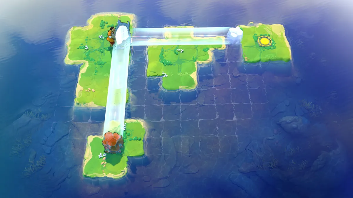 Official screenshot showing grassy islands in blue water, a character holding a mirror and bright beams connecting crystal blocks.
